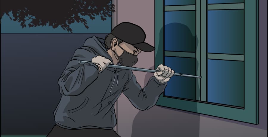Illustration of burglar forcing entry through a window in Albany